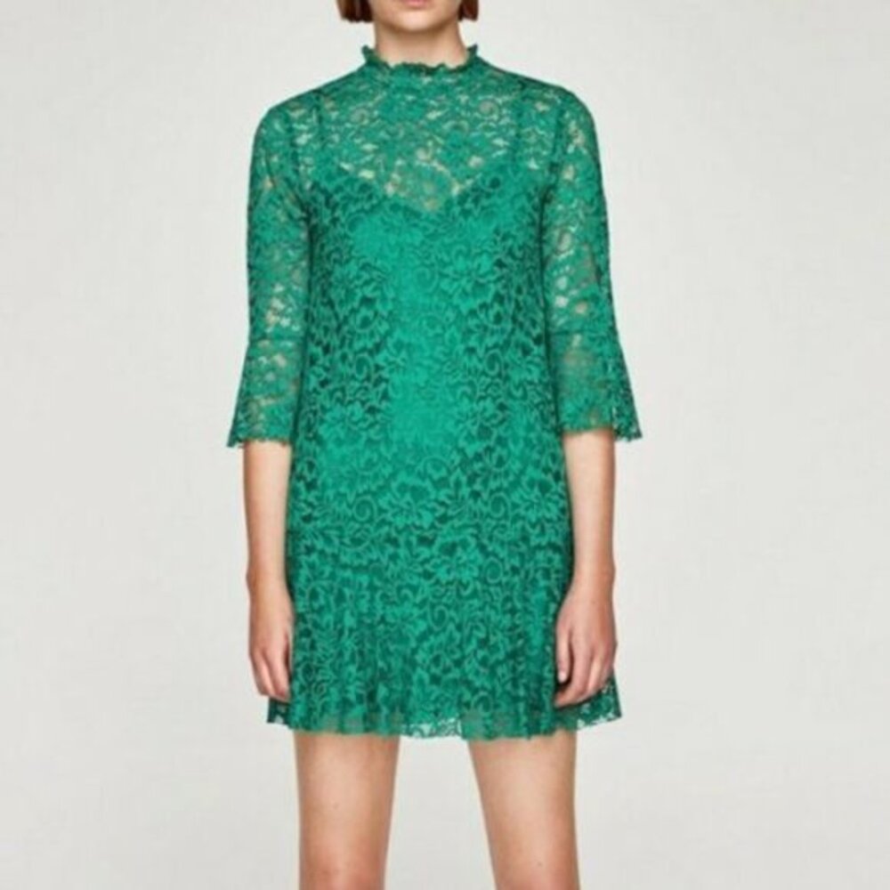 ZARA green lace flower Pattern lined dress XS